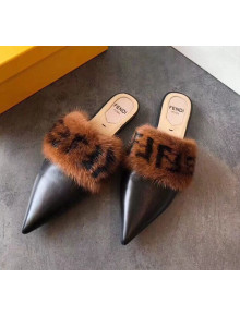 Fendi Flat Leather Mules with FF Fur Band Black/Brown 2018