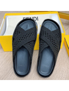 Fendi Reflections Stretch Lace Flat Slide Sandals Black 2021