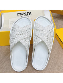 Fendi Reflections Stretch Lace Flat Slide Sandals White 2021