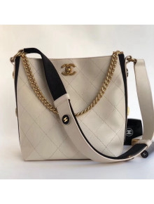 Chanel Button Up Calfskin & Grosgrain Small Hobo Handbag A57573 Ivory 2018