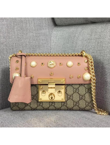 Gucci Small GG Studded Shoulder in Studed Leather and Canvas With Pearls 432182 Pink