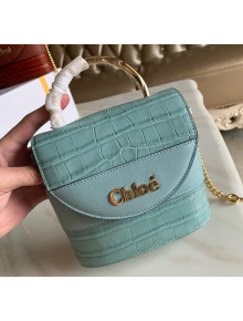 Chloe Small Aby Lock Top Handle Bag in Crocodile Embossed Calfskin Blue 2020