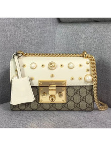 Gucci Small GG Studded Shoulder in Studed Leather and Canvas With Pearls 432182 White
