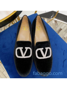 Valentino Garavani Crystal VLogo Velvet Flat Loafers Black 2020