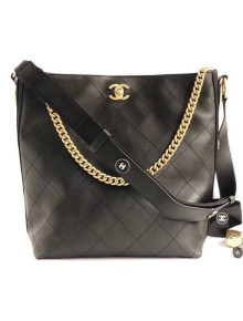 Chanel Button Up Calfskin & Grosgrain Large Hobo Handbag A57576 Black 2018