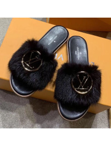 Louis Vuitton LV Mink Fur Flat Slide Sandals Black 2020