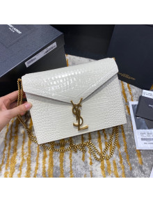 Saint Laurent Cassandra Monogram Clasp Shoulder Bag in Crocodile Embossed Leather 532750 White/Gold 2020