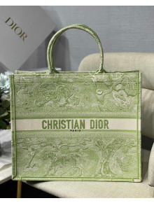 Dior Large Book Tote Bag in Green Toile de Jouy Reverse Embroidery 2021