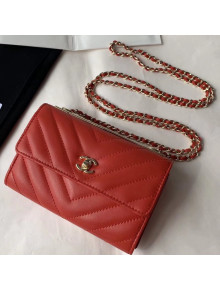 Chanel Lambskin Chevron Trendy CC Wallet with Chain Red 2018