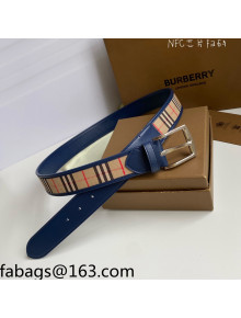 Burberry Check Canvas Belt 3.5cm Navy Blue Leather /Silver 2021 110621