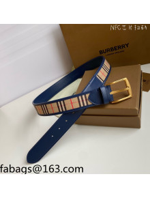 Burberry Check Canvas Belt 3.5cm Navy Blue Leather/Gold 2021 110622