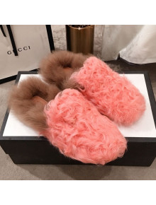Gucci Curly Wool Fur Flat Slippers Pink 2019