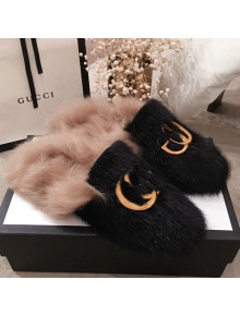 Gucci GG Wool Fur Flat Slippers Black 2019