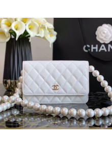 Chanel Quilted Calfskin Wallet on Chain WOC with Pearl Strap White 2020