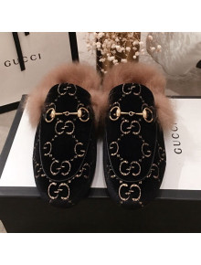 Gucci GG Velvet Fur Flat Slippers Black 2019