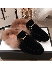 Gucci Horsebit Velvet Fur Flat Slippers Black 2019