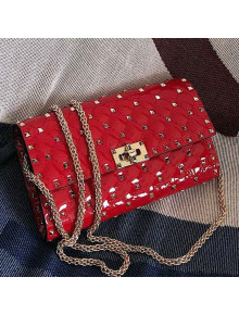 Valentino Rockstud Spike Chain Clutch Crossbody Bag in Patent Calfskin Leather Red 2019