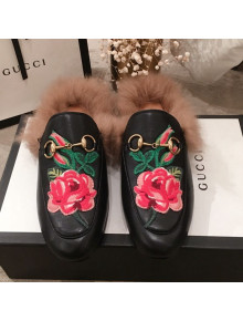Gucci Princetown Flower Embroidered Leather Slippers Black 2019
