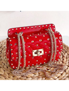Valentino Small Rockstud Spike Handle Shoulder Bag in Patent Soft Lambskin Leather Red 2019