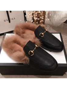 Gucci Princetown Horsebit Leather Fur Slippers Black 2019