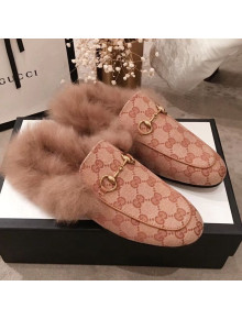 Gucci Princetown GG Canvas Fur Slippers Beige 2019
