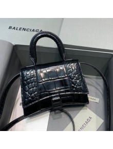 Balenciaga Hourglass Mini Nano Top Handle Bag in Shiny Crocodile Embossed Calfskin All Black 2020