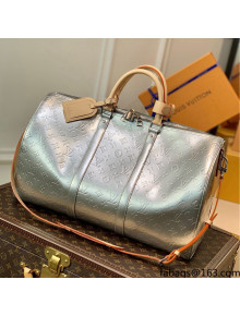 Louis Vuitton Keepall Bandoulière 50 Bag in Monogram Mirror Coated Canvas M58758 Silver 2021