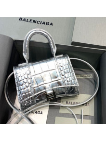 Balenciaga Hourglass Mini Nano Top Handle Bag in Crocodile Embossed Calfskin All Silver 2020