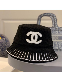 Chanel Shearling Wool Bucket Hat with Stripes Embroidered Black 2020