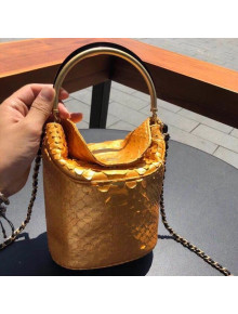 Chanel Chevron Python Handle with Chic Bucket Bag A57861 Gold 2018