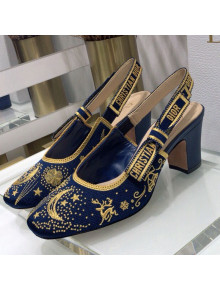Dior x Moi Slingback Pumps 6.5cm in Navy Blue Star Embroidered Cotton 2021