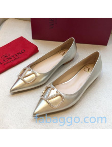 Valentino Crystal VLogo Metallic Leather Flat Ballerinas Gold 2020