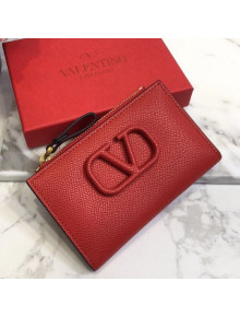 Valentino VLogo Signature Grainy Calfskin Cardholder with Zipper Wallet Red 2021