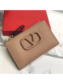 Valentino VLogo Signature Grainy Calfskin Cardholder with Zipper Wallet Beige 2021