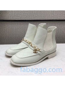 Chanel Quilted Calfskin Short Chelsea Boot with Chain White 2020
