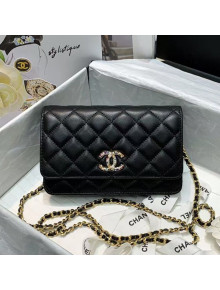 Chanel Quilted Lambskin Wallet on Chain WOC with Colored Crystal CC Charm AP1943 Black 2020