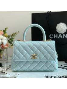 Chanel Iridescent Grained Calfskin Flap Bag with Top Handle A92990 Blue/Gold 2021