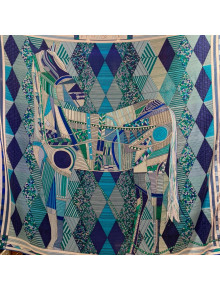 Hermes Cashmere Silk Patchwork Horse Shawl Scarf 140x140cm Light Blue 2020