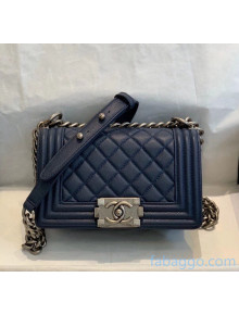 Chanel Quilted Grained Calfskin Small Classic Boy Flap Bag Deep Blue 2020(Silver Hardware)