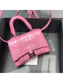Balenciaga Hourglass Mini Nano Top Handle Bag in Crocodile Embossed Calfskin Pink 2021