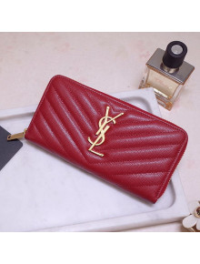 Saint Laurent Monogram Zip Around Wallet in Grained Leather 358094 Red 2021
