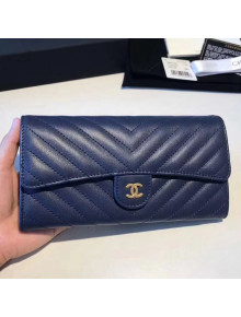 Chanel Chevron Soft Calfskin Classic Flap Wallet Navy Blue 2018