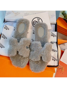 Hermes Oran Wool Classic H Flat Slide Sandals Light Grey 2021