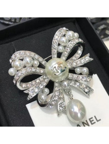 Chanel Pearl Bow Short Brooch Silver 2020