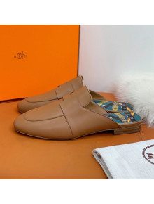 Hermes Catena Supple Calfskin Flat Mules with Cut out H Brown 2021