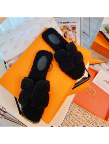Hermes Oran Wool Classic H Flat Slide Sandals Black 2021