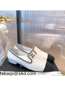 Chanel Chain Leather & Grosgrain Asymmetric Loafers White 2021 01