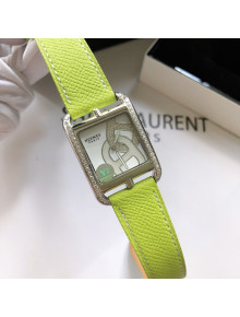 Hermes Cape Cod Grained Leather Crystal Square Watch 29cm Neon Green 2021