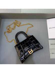 Balenciaga Hourglass Mini Nano Bag with Chain in Shiny Crocodile Calfskin Black/Gold 2022 664676