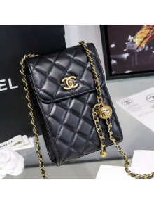 Chanel Quilted Lambskin Phone Holder with Chain and Metal Ball AP1448 Black 2020